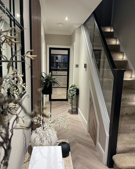 Upstairs Hallway Window Ideas, Hallway Ideas Glass Stairs, Glass Doors Hallway, Black Doors On Landing, Modern Home Hallway, Cream Herringbone Floor, Hallway Ideas With Stairs, Kitchen Hallway Ideas, Hallway Inspo Entrance