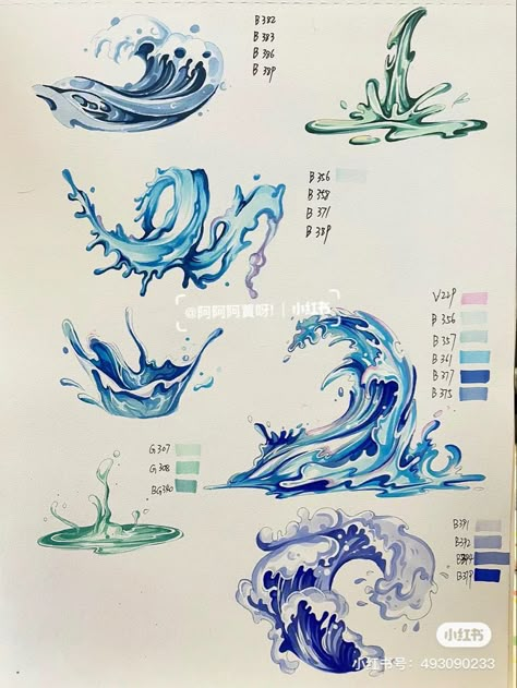 Water Splashing Drawing, Water Splash Painting, Splashing Water Drawing, Water Reference Drawing, Water Effect Drawing, Water Marker Art, Water Splash Tattoo, Water Texture Illustration, Water Drawing Reference