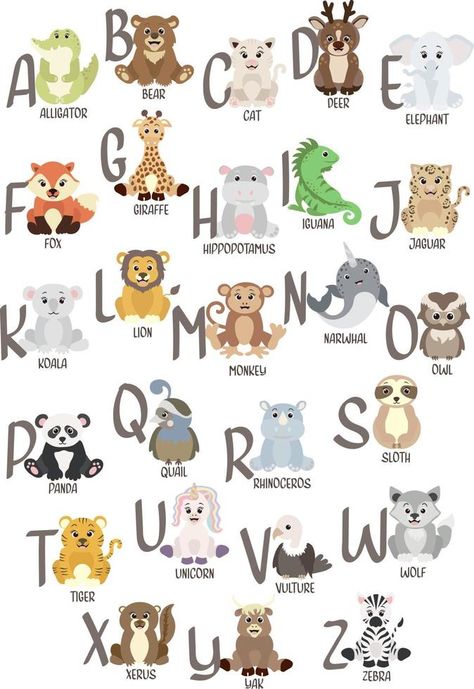 English alphabet Cute Animals for kids education. Funny hand drawn character style. Vector illustration. Illustration Advertisement, English Alphabet, Vector Portrait, Kids Education, Animals For Kids, Sloth, Koala, Graphic Resources, Hand Drawn