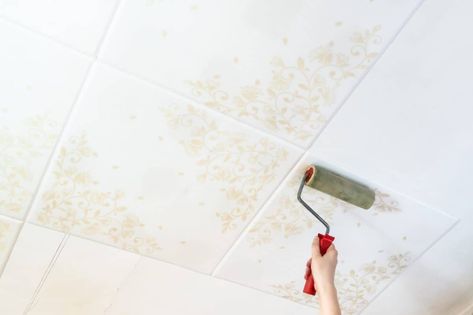 Painting Ceiling Tiles Diy, How To Paint Ceiling Tiles, Styrofoam Ceiling Tiles Ideas, Ceiling Tiles Ideas Painting, Painted Drop Ceiling Tiles, Drop Ceiling Tiles Diy, Painting Drop Ceiling Tiles, How To Paint Drop Ceiling Tiles, Paint Drop Ceiling Tiles