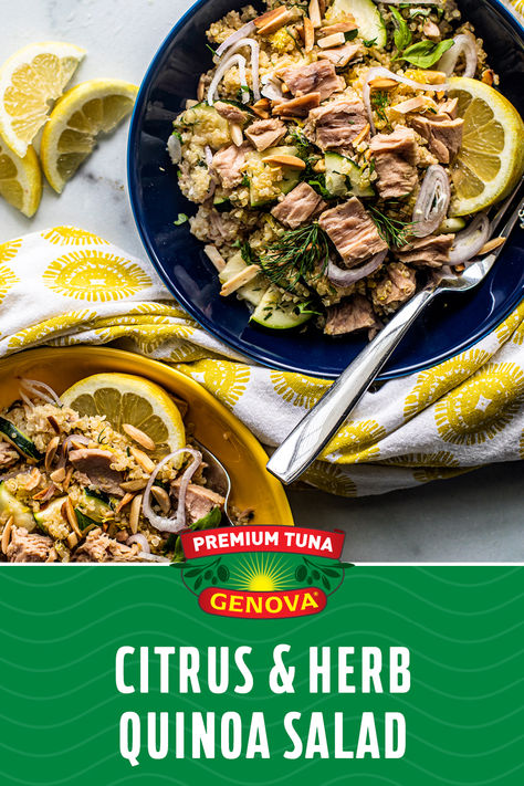 Full of bright, herby flavors and easy to prepare (it comes together in under 30 minutes), this savory salad is a well-rounded, incredibly satisfying lunch or dinner. This dairy free, gluten free dish is made with ancient grain quinoa, zucchini, slivered almonds, lemon and succulent Genova Yellowfin tuna filets, and dressed with a basil, parsley, dill and oregano vinaigrette. Get the recipe! Salad With Tuna, Tuna Fillet, Yellowfin Tuna, Savory Salads, Dairy Free Gluten Free, Gluten Free Dishes, Tuna Recipes, Fresh Oregano, Tuna Salad