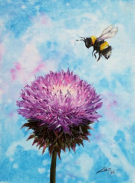 Bumblebee Thistle 9x12 acrylic © Zan Savage Paintings Of Bees, Cute Bee Painting, Bee Painting Acrylic, How To Paint A Bee Acrylic, Bee Flower Painting, Bee Art Painting, Bee Acrylic Painting Easy, Flower Paintings Acrylic, Bee Acrylic Painting