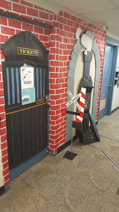 Polar Express Ticket Booth Door, Train Door Decoration, Polar Express Ticket Booth, Train Door, Polar Express Christmas Party, Polar Express Theme, Christmas Hallway, Door Decorations Classroom Christmas, Polar Express Party