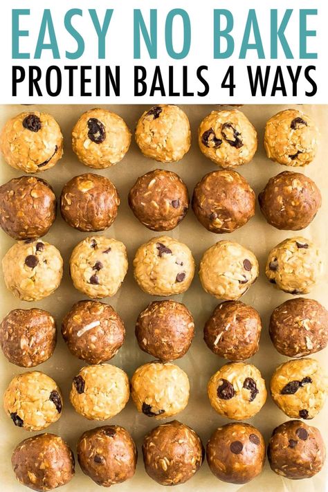 The easiest no bake protein balls on the internet with four different flavors - chocolate peanut butter, tahini chocolate chip, cinnamon raisin and almond joy. Take 10 minutes to whip up a batch of these protein balls and snack healthy all week long! No Bake Protein Balls, Clean Eating Snack Recipes, Tahini Chocolate, Protein Balls Recipes, Healthy Eating Snacks, Snack Healthy, Peanut Butter Cookie Dough, Protein Bites, Protein Balls