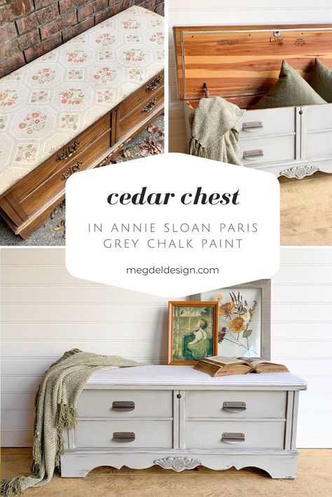 Get the look! Check out the step-by-step process used to makeover this cedar chest from old and orange to bright and beautiful using Annie Sloan chalk paint in Paris Grey with clear and black wax to add texture to the painted finish. Cedar chests are perfect for extra storage at the end of a bed, a toy chest, and more! This one features pewter magnolia pulls and a reupholstered farmhouse fabric bench seat! #megdeldesign #paintedfurniture #paintedcedarchest #anniesloanchalkpaint Cedar Chest In Bedroom, Chest End Of Bed, Painted Toy Chest, Cedar Chest Makeover, Cedar Chest Redo, Painted Cedar Chest, Lane Cedar Chest, Grey Chalk Paint, Annie Sloan Paris Grey