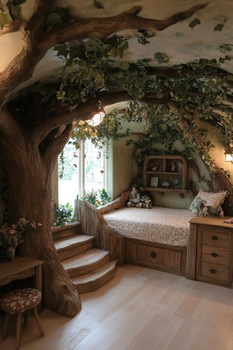 Rainbow Forest Room, Woodland Themed Room, Forest Theme Playroom, Kids Room Tree, Forest Theme Room, Enchanted Forest Room, Nature Kids Room, Forest Bedroom Ideas, Forest Kids Room