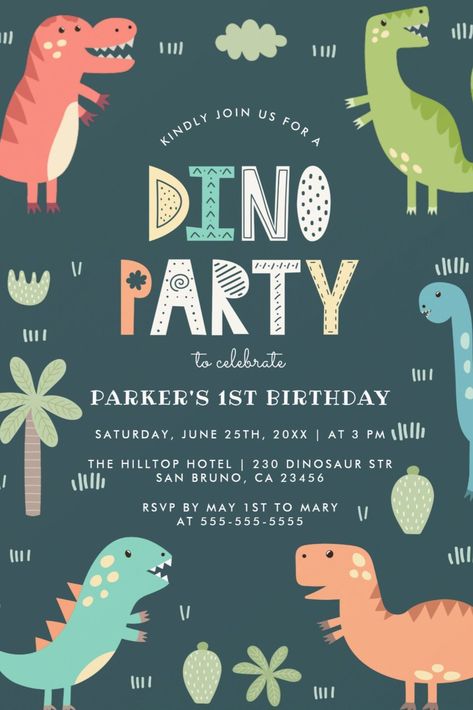 Cute Dinosaurs Dino Birthday Party Invitations for Boys Dino Party Invitation, Cute Birthday Party, Modern Birthday Party, Cute Dinosaurs, Diy Birthday Invitations, Dinosaur Invitations, Princess Birthday Invitations, Dino Birthday Party, Dinosaur Birthday Invitations