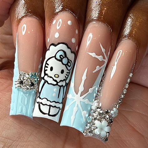 Hello Kitty Xmas🫧☃️🩵🌨️ All Hand Drawn . Using @millanailtrapsupply XXL Square No C Curve Half Cover Tips ✨ use BA code “Brooklyn11” to sa… | Instagram Hello Kitty Xmas, Christmas Nail Designs Acrylic, Acrylic Nail Set, Hello Kitty Nails, Nail Art Designs Diy, Short Square Acrylic Nails, Long Acrylic Nails Coffin, Christmas Nails Acrylic, Unique Acrylic Nails