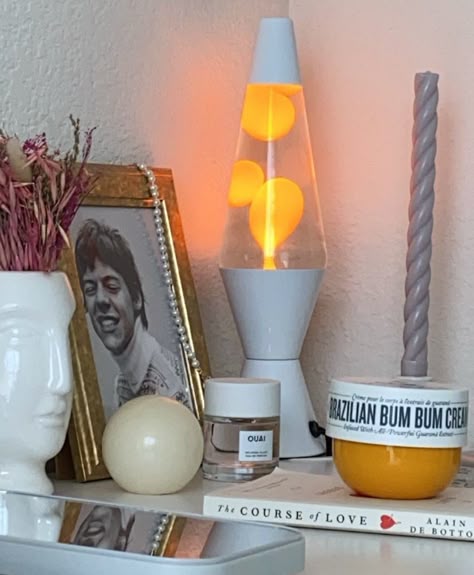 Lava Lamp Room, Orange Bedside Table, Lava Lamp Aesthetic, 60s Bedroom Decor, 70s Room, Small Lights, Harry Core, Lava Lamps, Bedroom Decor Inspiration