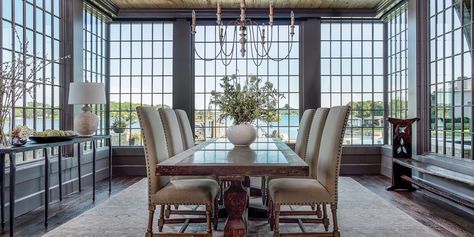 Happily, Ever After on Lake Logan Martin - Southern Home Magazine Two Story Fireplace, Hgtv Designers, Transitional Dining Room, Transitional Dining, Midcentury Home, Design 101, Lakefront Homes, White Ceiling, Southern Home