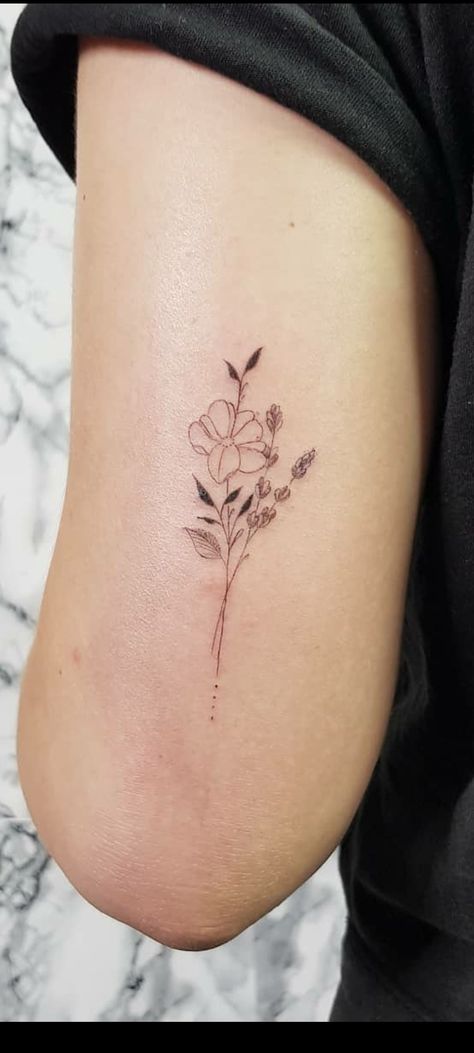 Above Elbow Tattoos For Women Flowers, Dahlia Tattoo Minimalist, Small Tattoos Above Elbow, Flower Tattoos Bicep, Small Above Elbow Tattoos For Women, Flower Tattoo Above Elbow, Above The Elbow Tattoo Women, Back Of Upper Arm Tattoo Women, Above Elbow Tattoos