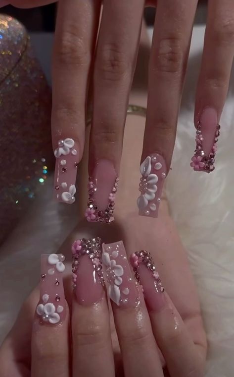 Pink Nails For Quinceañera, Latina Nails, Quince Nails, Princess Nails, Quinceanera Nails, Cute Pink Nails, Spring Acrylic Nails, Girly Acrylic Nails, Glow Nails