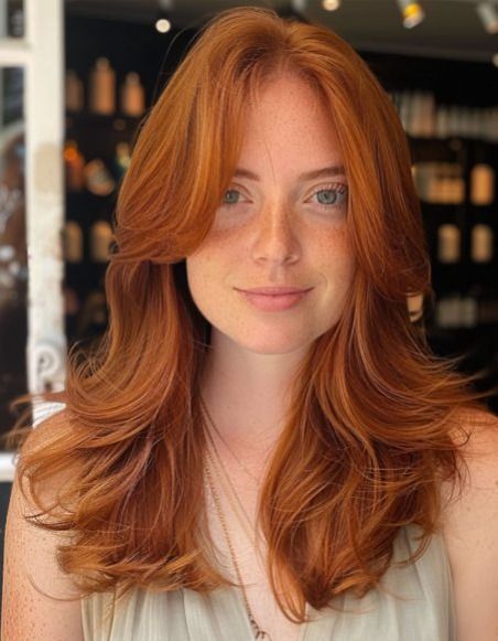 Shoulder-Length Haircuts That Will Elevate Your Look Face Framing Layers Long Hair Red, Red Hair Long Layers, Curtain Bangs Red Hair, Red Hair With Curtain Bangs, Long Red Hair With Bangs, Bangs Red Hair, Red Hair With Bangs, Red Waves, Copper Red Hair