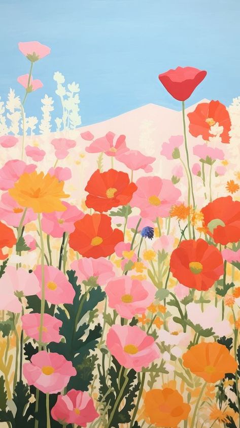 Flower field art painting poppy. AI generated Image by rawpixel. | free image by rawpixel.com / Nunny Flower Fields Painting, Flower Field Illustration, Poppy Flower Wallpaper, Poppies Background, Flower Field Art, Flower Screensaver, Poppies Wallpaper, Iphone Wallpaper Cute, Poppy Bouquet