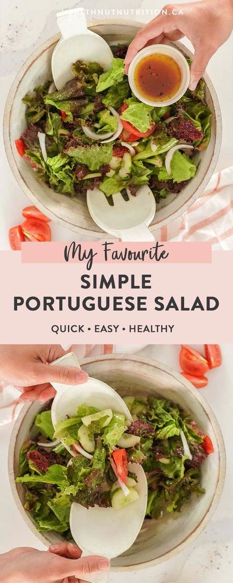 This simple Portuguese salad is one of our go-to dinner salads. It’s simple greens and vegetables dressed with a delicious vinaigrette, meaning it’s super easy to make! Healthy Portuguese Recipes, Portuguese Salad Recipes, Portuguese Salads, Portuguese Vegetables, Portuguese Salad, Portuguese Dinner, Healthnut Nutrition, Portuguese Foods, Vinegar Salad Dressing