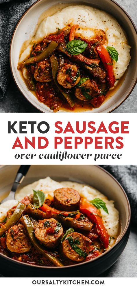 Old school Italian gets a makeover with healthy sausage and peppers. Serve over cauliflower puree for a whole30 and keto friendly dinner the entire family will love - even your picky eaters. Ready in 45 minutes, you too can achieve healthy comfort food on a harried weeknight. Leftovers reheat beautifully for lunch the next day, the recipe easily doubles for a freezer stash. #whole30 #lowcarb #keto #italian #healthydinner Whole 30 Sausage Recipe, Sausage And Peppers Recipe, Italian Sausage And Peppers, Stuffed Peppers Healthy, Veggie Sausage, Cauliflower Puree, Cauliflower Mash, Italian Sausage Recipes, Breakfast Easy