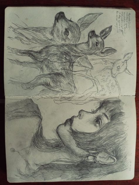 Drawing In Nature Aesthetic, Self Portraits Drawings, Deer Drawing Sketches, Calm Drawing, Reflection Drawing, Deer Drawing, Arte Sketchbook, Wow Art, A Deer