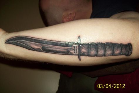 KA-BAR Fighting/Utility knife via Adam W. K Bar Tattoo, Knife Tattoo On Leg, Kabar Knife Tattoo, Knife Through Skin Tattoo, Marine Tattoo For Men Usmc, Knife Going Through Skull Tattoo, Usmc Tattoo, Military Sleeve Tattoo, K Bar