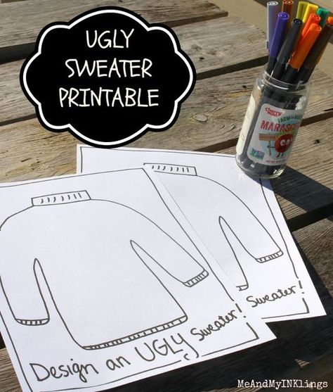 When one of my kids asks if we can make ugly sweaters for Halloween like we did last Christmas, I say….OF COURSE.  I mean, what a great idea.  This ugly sweater printable for Halloween is sup… Diy Christmas Sweater, Diy Ugly Christmas Sweater, December Activities, Holiday Classroom, Sweater Ideas, Christmas Sweater Party, Ugly Christmas Sweater Party, Christmas School, Preschool Christmas