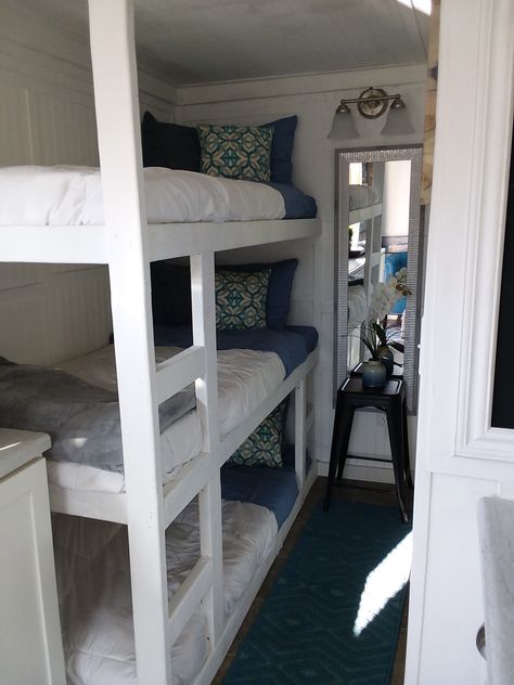 Tiny Cabin Bunk Beds, Bunk Beds Tiny House, Triple Bunk Caravan Reno, Built In Bunk Beds Small Room Cabin, Tiny House Bunk Beds Built Ins, Tiny Home Bunk Beds, Tiny Bedroom Bunk Beds, Caravan Triple Bunks, Adding Bunk Beds To A Camper