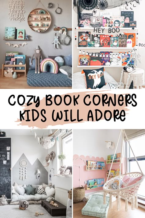 Looking to create a cozy reading nook for your little one? Check out these charming and creative kids' reading nook ideas! From simple corner setups to dreamy hideaways, get inspired to make storytime even more magical. 📚✨ #ReadingNook #KidsCorner #CozySpaces Playroom Ideas Reading Corner, Reading Corner In Playroom, Boys Reading Nook Ideas, Cozy Corner Playroom, Trofast Reading Nook, Kids Reading Corner In Living Room, Reading Nook With Bean Bag, Book Corner Ideas Bedroom For Kids, Kids Reading Room Ideas