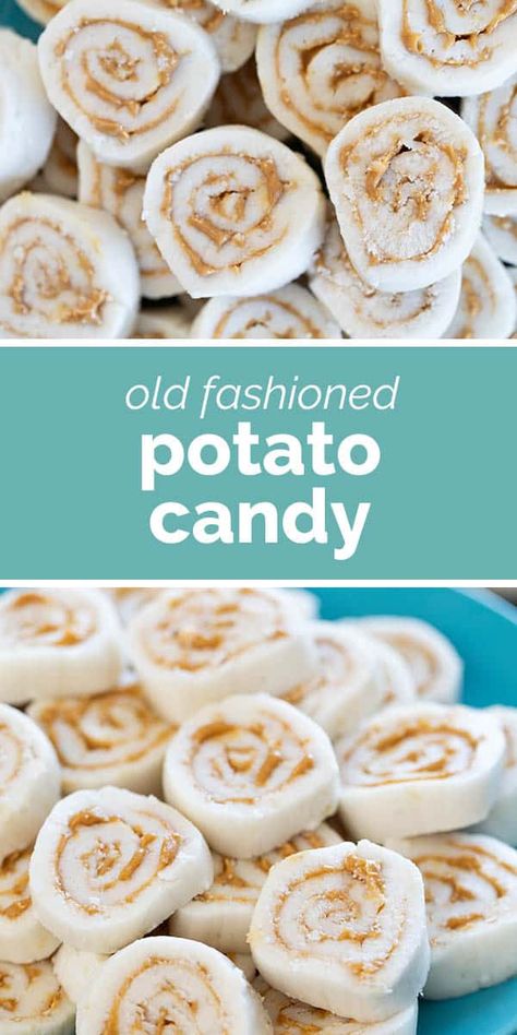 An old fashioned fun candy, this Potato Candy is made from mashed potatoes, powdered sugar, and peanut butter. They are super sweet but super fun! Potatoe Candy Recipe, Old Fashioned Potato Candy Recipe, Mashed Potato Candy, Potato Candy Recipe, Sweets Business, Gooey Desserts, Candy Homemade, Butter Mashed Potatoes, Potato Candy