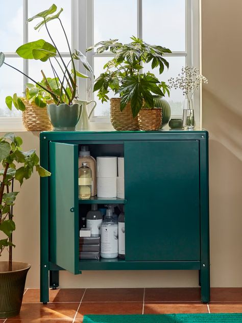 Clever storage for the entire family - IKEA Ikea Metal Cabinet, Wash Basin Accessories, Ikea Metal, Ikea Bathroom Storage, Moody Industrial, Plant Storage, Industrial Studio, Green Cabinet, No Pantry Solutions