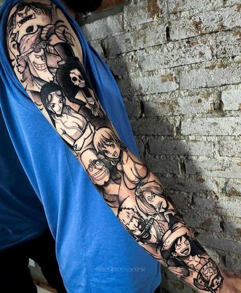 Full Arm Tattoos Anime, One Piece Arm Tattoo Men, Anime Tattoo Leg Sleeve, One Piece Half Sleeve Tattoo, Anime Panel Tattoo Sleeve, One Piece Tattoo Sleeve, One Piece Arm Tattoo, Manga Sleeve Tattoo, Anime Collage Tattoo