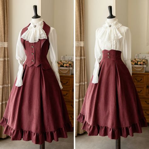 A high-waisted classic skirt, vest, and cavalier blouse that gives you the feel of an elegant British lady. The back of the skirt is decorated with lace-up, and the flowing silhouette gives an impression of elegance and elegance. The high-necked blouse has a decorated chest ornament, giving it a noble feel. An eternal style that shines through time.     Item     Skirt (*with headband of the same color)   Best   Blouse (*with chest decoration)         Size     Skirt     S size     Total length: 8 Vintage Sleeveless Dress For Cosplay, Fitted Vintage Skirt With Historical Design, Elegant Sleeveless Cosplay Dress, Elegant Sleeveless Dress For Cosplay, Elegant Fitted Skirt For Cosplay, Vintage Fitted Skirt For Cosplay, British Lady, Medieval Princess, Vest Blouse