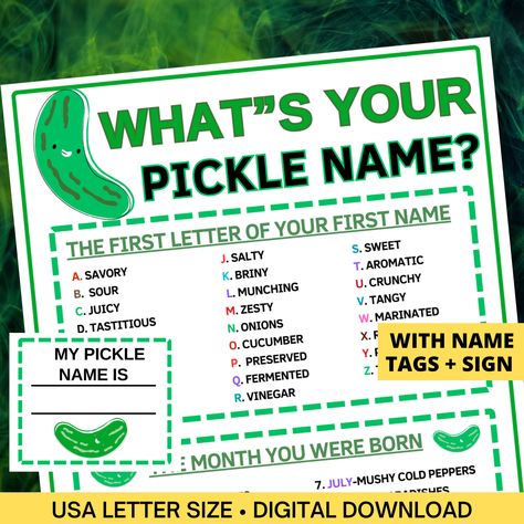 "Unveiling our \"What's Your Pickle Name Game,\" a delightful concoction of fun and imagination that spices up any social gathering. Dive into a world of flavorful creativity as you uncover your unique pickle name.  Here are some features of this product:    -Endless Laughter: This game guarantees giggles as players unveil their hilarious Pickle names.     -Interactive Gameplay: Encourages lively discussions and laughter, creating a vibrant atmosphere.     -Quality Design: Professionally crafted cards with vibrant visuals and witty prompts for an engaging experience.     -Versatile Usage: Perfect for parties, family game nights, or team-building activities. Who is this product for?     -Party Hosts: Ideal for breaking the ice and fostering connections among guests at any event.     -Famili Pickle Crafts For Kids, What's Your Name Game, What’s Your Name, Whats Your Name Game, Pickle Birthday, Donut Names, Kid Holiday Games, Name Game, Entertaining Gifts