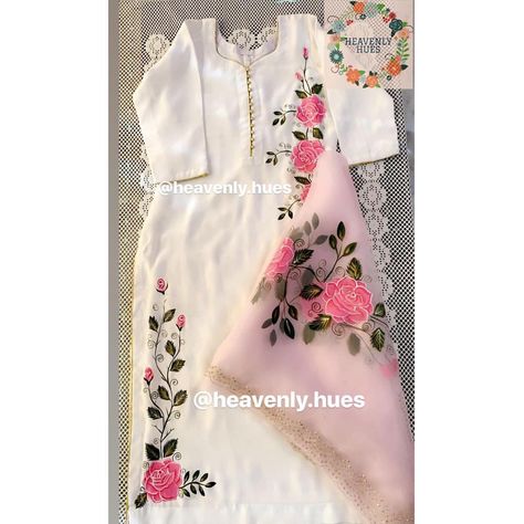 Heavenly Hues By Harkiran on Instagram: “✔️Style:Pants suit(can be styled as salwar/sharara) ✔️Fabric: Crepe for suit and pure orgenza dupatta (2.5 meters…” Paint Suit Design For Women, Organza Kurta, Printed Dresses Fashion, Punjabi Suits Designer Boutique, Embroidery Suits Punjabi, Suits Punjabi, Hand Painted Dress, Fabric Painting On Clothes, Designer Punjabi Suits