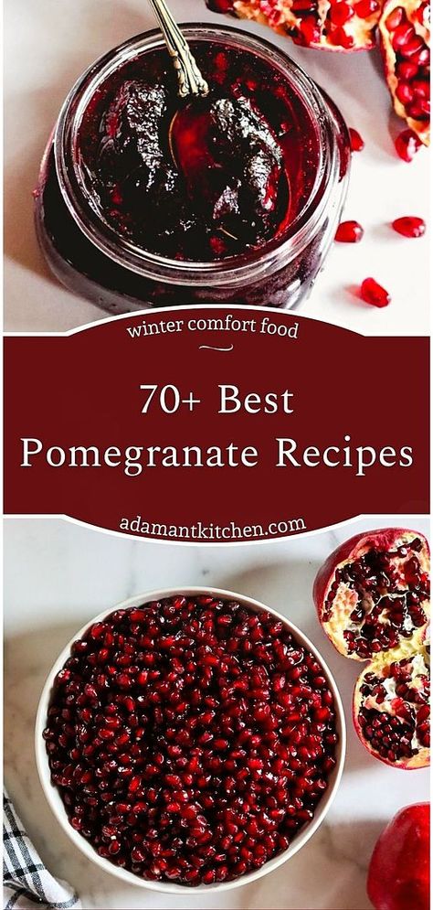 Dive into the world of winter comfort food with these 70+ best pomegranate recipes. Celebrated for its tart sweetness and stunning ruby color, the pomegranate is a superfruit loaded with antioxidants, folic acid, dietary fiber, vitamin K, and vitamin C. This collection includes everything from refreshing pomegranate drinks to breakfast ideas and delectable desserts. Explore more seasonal fruit recipes, healthy drinks, and homemade desserts at adamantkitchen.com Pomegranate Recipes Dessert, Pomegranate Recipes Healthy, Comfort Food Winter, Pomegranate Dessert, Pomegranate Seeds Recipe, Pomegranate Drinks, Recipes Winter, Aphrodisiac Foods, Pomegranate Recipes