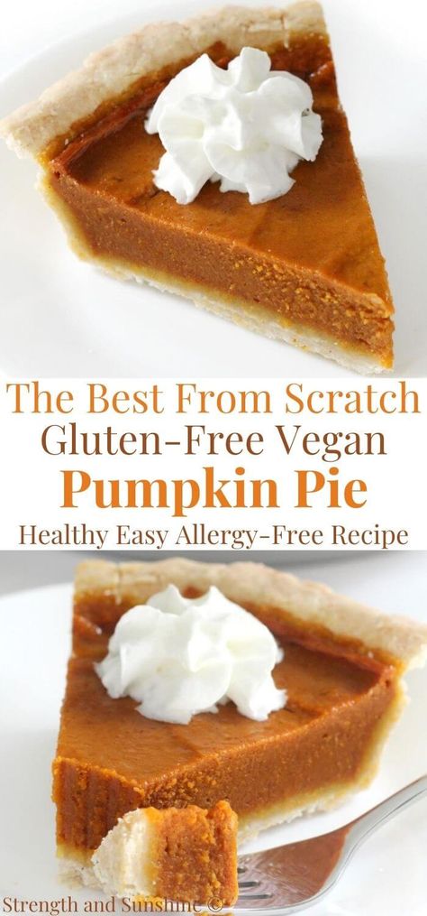 The Best Gluten-Free Vegan Pumpkin Pie (Allergy-Free) | Strength and Sunshine | Hands down, the BEST Gluten-Free Vegan Pumpkin Pie recipe! This easy from scratch recipe is allergy-free, healthy, and delicious! Smooth and creamy pumpkin filling and a flaky buttery crust, topped with dairy-free whipped cream! A slice of this classic homemade pie is just what you need for a Thanksgiving or holiday dessert that will wow everyone! #pumpkinpie #gluten-freepie #veganpie #thanksgiving #pie #pumpkin Vegan Pumpkin Pie Filling, Pb Desserts, Cheesecake Pumpkin Pie, Vegan Autumn, Vegan Pumpkin Pie Recipe, Dairy Free Pumpkin Pie, Cheesecake Pumpkin, Thanksgiving Vegan, Dessert Pumpkin