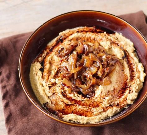 Balsalmic carmalized onion hummus Vegan Hummus Recipe, Onion Hummus, Hummus Recipes, Healthier Snacks, Dessert Hummus, Vegan Hummus, Recipes Appetizers, Nonstick Skillet, Caramelized Onion