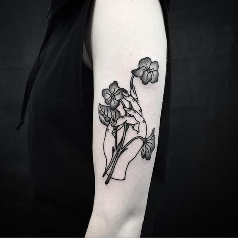 “Hand holding a bunch of violets for Sophie. Thanks again :) done at @hiddenmoontattoo” Tattoo Hand Holding Flowers, Traditional Tattoo Hand Holding, Cauldron Tattoo, Silhouette Tattoo, Tattoo Goo, Best Tattoo Ever, Hand Silhouette, Witch Tattoo, Tattoos For Women Half Sleeve