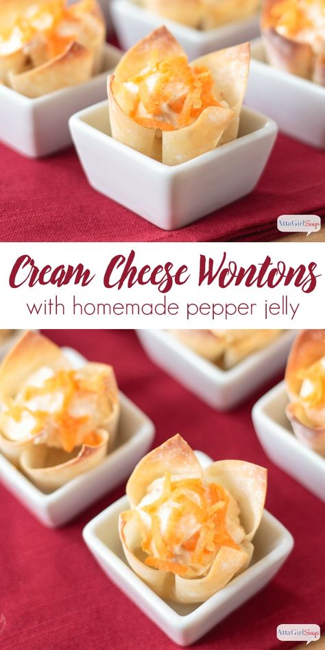 These bite-sized cream cheese wontons are flavored with homemade pepper jelly. They're great for parties. Cream Cheese Wonton Cups, Cream Cheese Pepper Jelly, Homemade Pepper Jelly, Pepper Jelly Cream Cheese, Cup Appetizers, Wonton Cups Appetizers, Wonton Wrapper Recipes, Yummy Appetizers Parties, Cream Cheese Wontons