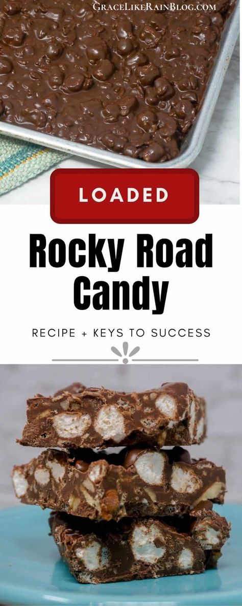 Rocky Road Candy is a fun little chocolate candy bar that is chock full of traditional marshmallows and nuts and Rice Krispies for crunch. You're going to love this simple recipe. This is a perfect easy Make-ahead candy recipe for Christmas or any time of year. You can make this in the microwave so it's no-bake. It only takes a few minutes to whip up this candy recipe. Then you just have to let it cool and harden up. Candy for Christmas gifts or a cookie/candy exchange. #Christmas #Candy Homemade Rocky Road Candy, Ragtag Candies, Rocky Road Candy Recipe, Candy For Christmas, Stovetop Appetizers, Rocky Road Candy, Rocky Road Bars, Rocky Road Chocolate, Christmas Candy Homemade