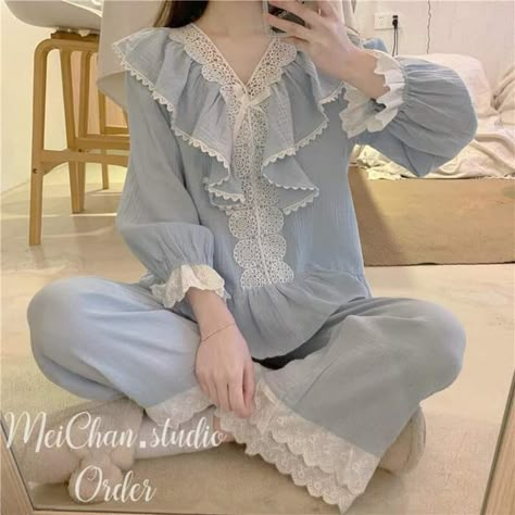 Old Fashioned Pajamas, 1900s Pajamas, Fancy Pajamas, Blue Pajamas, Vintage Pajamas, Pajama Fashion, Sleepwear Fashion, Cute Pajama Sets, Kawaii Fashion Outfits