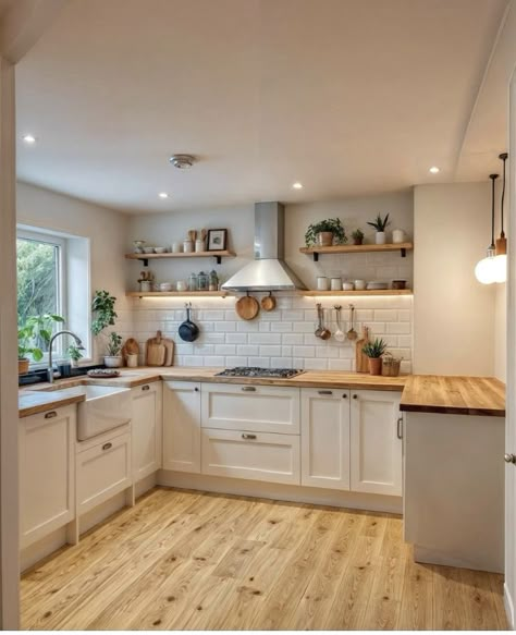 White Kitchen With Wooden Countertop, Simple Kitchen Design, Kitchen Design Diy, Kitchen Decor Inspiration, Kitchen Surfaces, Small Kitchen Decor, Simple Kitchen, Kitchen Room Design, Kitchen Inspiration Design