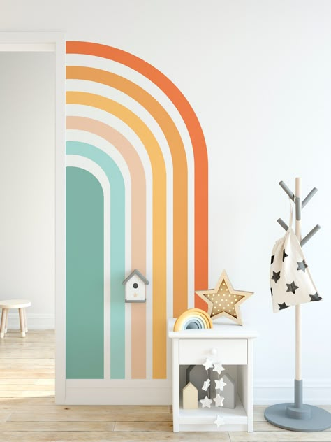 Wall Decals For Playroom, Rainbow Paint On Wall, Half Rainbow Wall Mural, Pastel Colors Painting Ideas, Daycare Wall Colors, Rainbow Accent Wall Paint, Corner Rainbow Wall, Playroom Rainbow Wall, Nursery Rainbow Wall