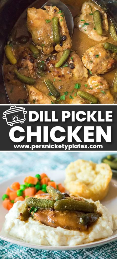 This Slow Cooker Dill Pickle Chicken delivers a hearty homestyle dinner that is brimming with flavor! Thighs are cooked low and slow in dill pickle juice, ranch seasoning, and melting butter resulting in tender chicken smothered in a delicious gravy. Serve it over mashed potatoes or noodles for a yummy meal idea any day of the week! Dinner Recipes With Pickles, Crockpot Pickle Chicken, Chicken Pickle Recipe, Dill Pickle Chicken, Dill Pickle Juice, Pickle Chicken, Chicken Entree, Chicken Smothered, Melting Butter