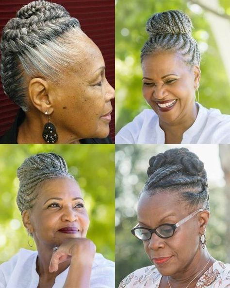 Twist Braids Hairstyles For Older Black Women, Grey Ombre Hair Black Women, Braids For Gray Hair Black Women, Braids For Grey Hair, Older Woman Braid Styles Black, Cornrow Hair Styles For Black Women, Braided Updo For Black Women Gray Hair, Braid Styles For Older Women Over 50, Black Older Women Hairstyles