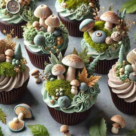 Edible Moss Cupcakes, Nature Themed Desserts, Mushroom Cupcake Ideas, Mushroom Cupcakes Woodland, Enchanted Forest Cupcakes, Woodland Theme Cupcakes, Nature Cupcakes, Forest Cupcakes, Mushroom Cupcakes