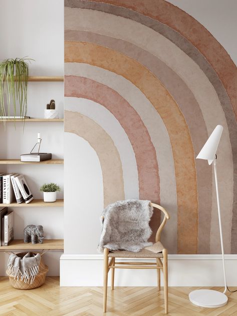 Wall Decal 1018 RAINBOW Terracotta Mural Peel & Stick Fabric Vinyl Kids Bedroom Bohemian Nursery Playroom Décor Watercolor Art Boho Rainbow - Etsy Terracotta Mural, Earth Tone Rainbow, Bedroom Bohemian, Bohemian Nursery, Nursery Playroom, Rainbow Nursery, Nursery Inspo, Rainbow Wall, Playroom Decor