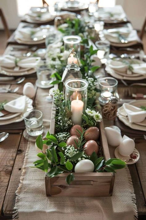 rustic charm easter tablescape with eggs and candles Elegant Easter Tablescapes Ideas, Simple Easter Tablescapes, Easter Table Settings Elegant, Easter Dinner Decor, Easter Dining Table Decor, Classy Easter Decor, Lunch Table Settings, Easter Dining Table, Easter Dinner Table