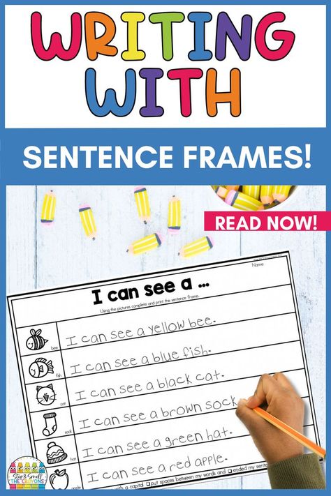 Teaching young students to write can be hard with they are not yet reading. Using a blended approach that teaches writing using the sight words and phonetic skills that students have learned is very effective. Sentence stems can be a great help in this process. Not only do students learn to write these high frequency words but they also get lots of exposure to reading them too. This blog post details how you can teaching writing with sentence frames in the kindergarten and 1st grade class. Grade 2 Sight Words, Writing Sentences Kindergarten, How To Spell Words, Kindergarten Stem, February Classroom, Sentence Frames, Sentence Stems, Sight Word Sentences, New Vocabulary Words