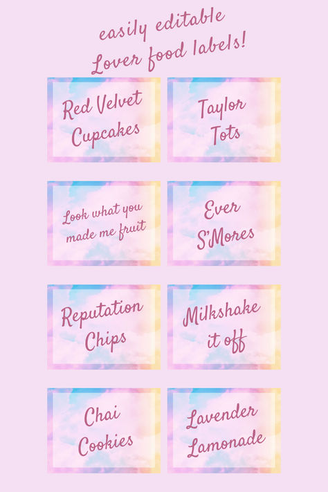 Food labels perfect for a Taylor Swift Eras party. They are sized to 4 x 6in, so very easy and cheap to get printed at your local Walmart, Walgreens, Staples, etc. Then just fold them in half to stand up. 8 labels included, with pictures and Lover font: - Taylor Tots - Red Velvet Cupcakes - Chai Cookies - Lavender Lemonade - Milkshake it off - Reputation chips - Ever s'mores - Look what you made me fruit Taylor Swift Party Punch, Taylor Swift Party Drinks For Kids, Taylor Swift Party Printables, Taylor Swift Themed Desserts, Taylor Swift Birthday Food Ideas, Swiftie Birthday Party Ideas, Taylor Party Ideas, Taylor Swift Candy Bar, Taylor Swift Birthday Food