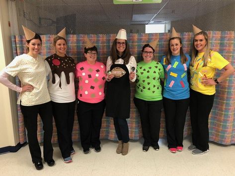 Cute group costume idea for Halloween - ice cream cones! Dot sprinkles, fudge sundae, s'mores mix-ins, mint chocolate chip, gummy bears, and more sprinkles. Cone hats and old-fashioned ice cream server. Creative Group Halloween Costumes For Work, Ice Cream Group Costume, Tee Shirt Halloween Costumes, Ice Cream Server Costume, Dental Office Halloween Costume Group, Ice Cream Sundae Costume, Diy Ice Cream Costume, Ice Cream Halloween Costume, Ice Cream Cone Halloween Costume