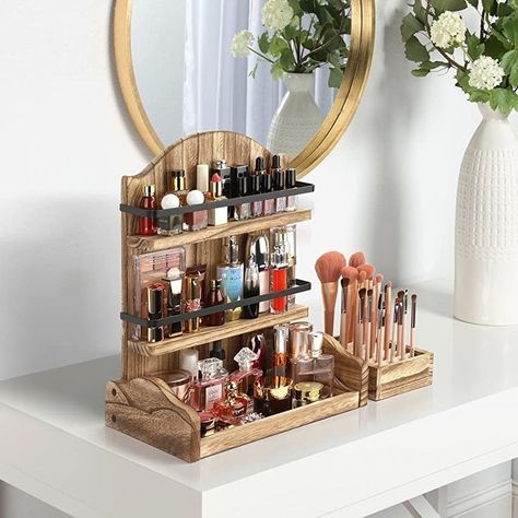 Makeup Stand Ideas, Makeup Organizer Diy, Wood Makeup Organizer, Wooden Makeup Organizer, Bathroom Organizer Countertop, Bamboo Desk, Dresser Bathroom, Organize Bathroom Countertop, Bamboo Makeup