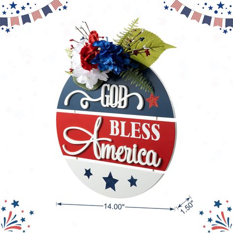 "Find the Glitzhome® 14\" God Bless America Round Sign at Michaels. com. Show off your patriotic pride by adding this accent to your décor. Show off your patriotic pride by adding this accent to your décor. It's ideal for displaying July 4th. Details: Red, white, and blue 14\" x 3.25\" x 14\" MDF and plywood No assembly required For indoor and covered porch use | Glitzhome® 14\" God Bless America Round Sign | 14\" x 3.25\" x 14\" | Michaels®" Bold Words, Patriotic Sign, Door Signs Diy, Fourth Of July Decor, Door Murals, Round Door, 4th Of July Decorations, Patriotic Decorations, God Bless America